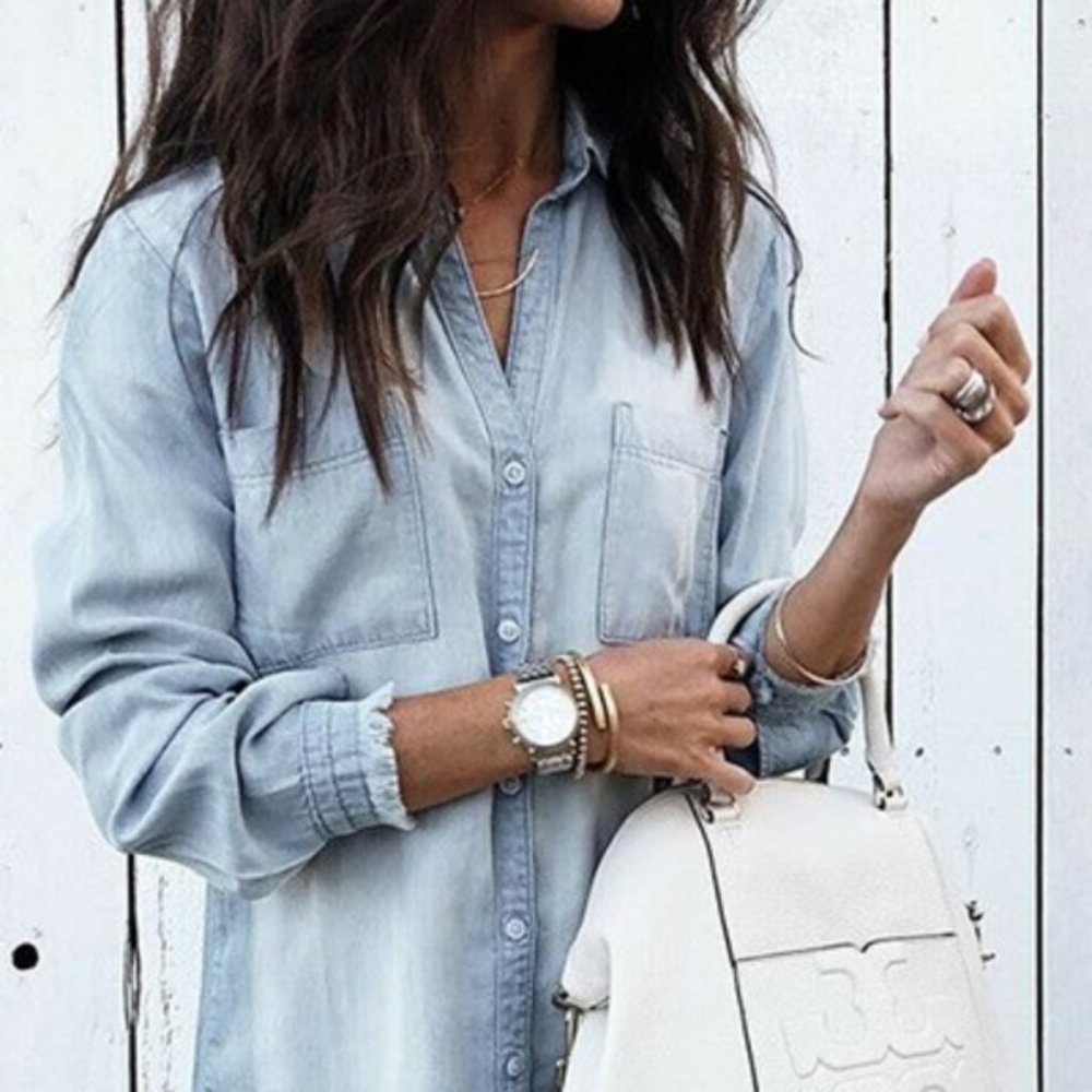 New Boho Freyed Hem Button Up Denim Dress Chambray - Picture 2 of 6